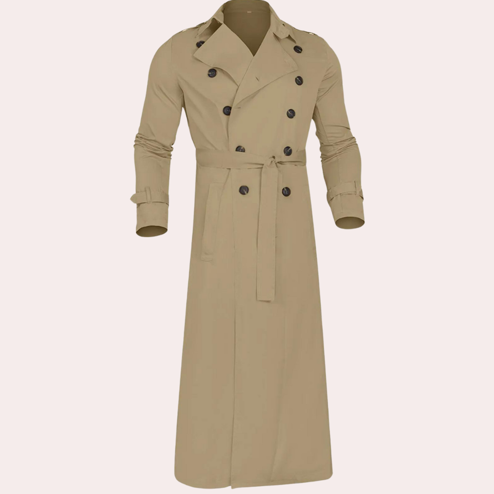Manteau trench homme avec ceinture et fermeture croisée, vue de face