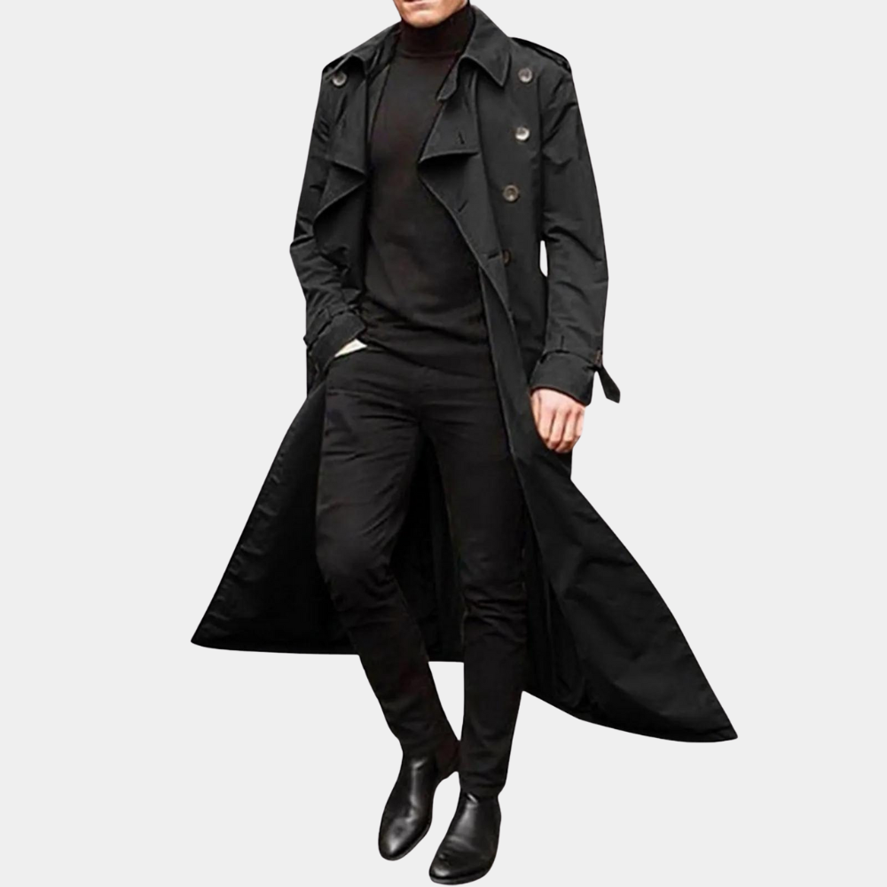 Trench homme classique, vue complète montrant la silhouette longue