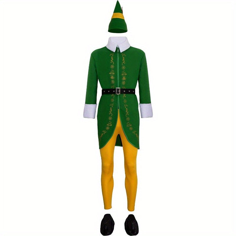 Vue de profil d'un costume d'elfe avec collants rayés