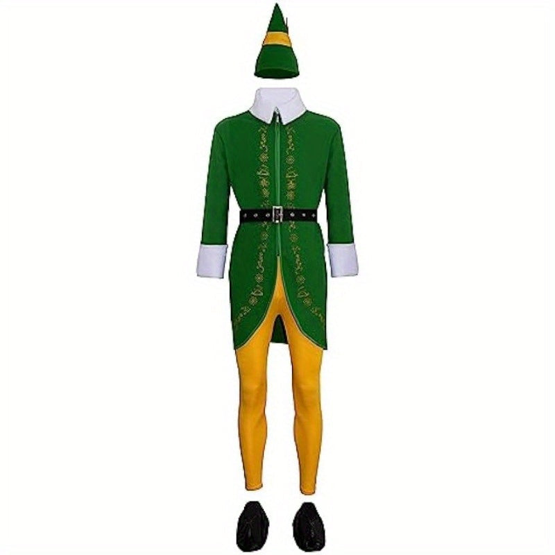 Détail du haut vert et rouge du costume d'elfe