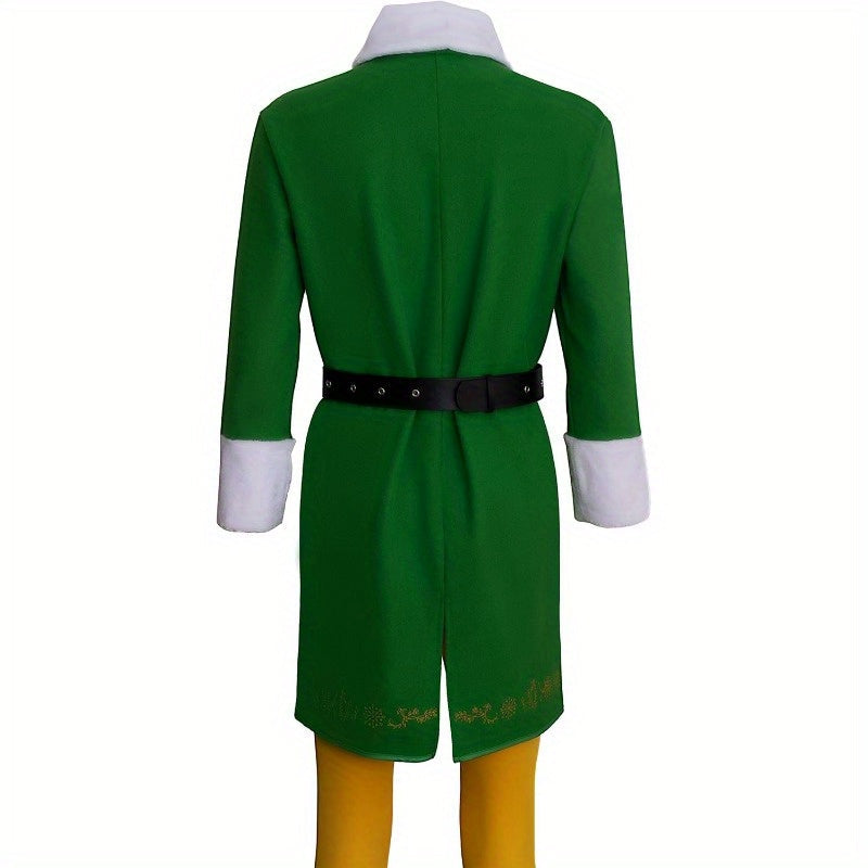 Homme portant un costume d'elfe avec couvre-chaussures rouges