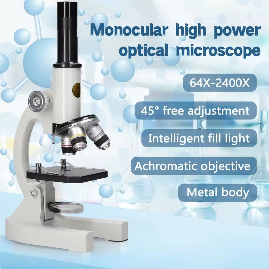 Microscope éducatif avec lentilles et commandes visibles