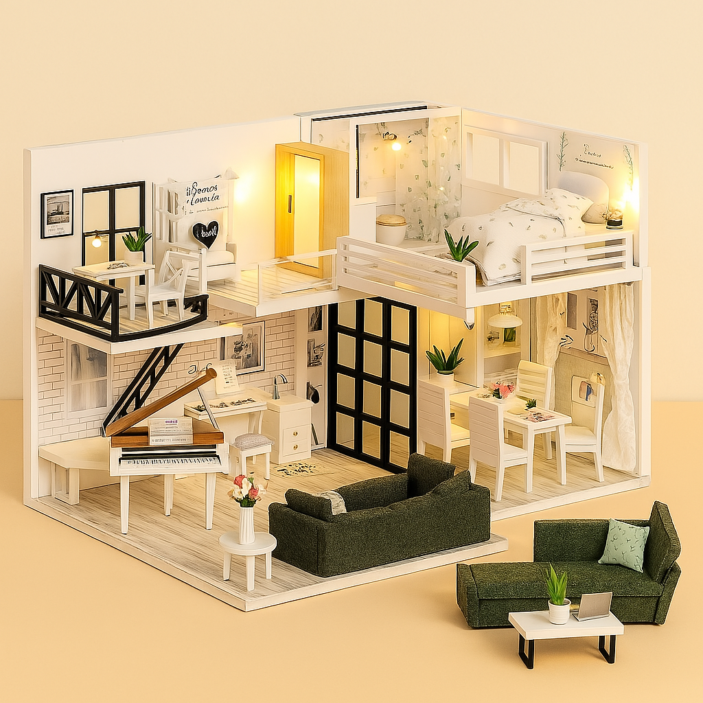 Maison de poupée en bois avec meubles miniatures détaillés