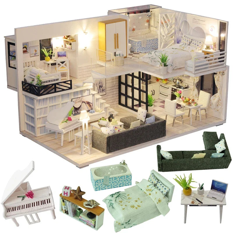 Vue rapprochée des meubles en bois dans la maison miniature