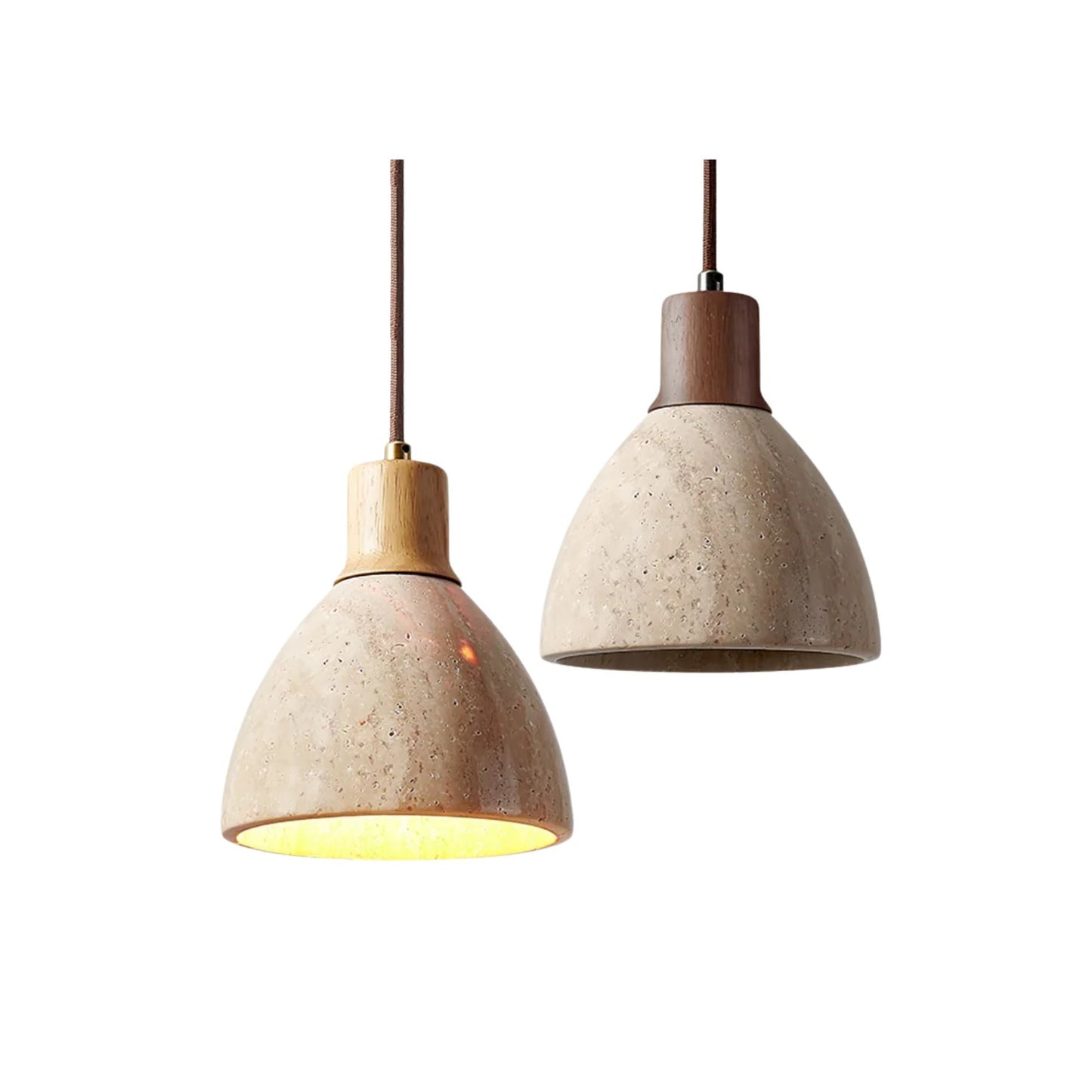 Lampe suspendue en travertin jaune et bois, vue de face