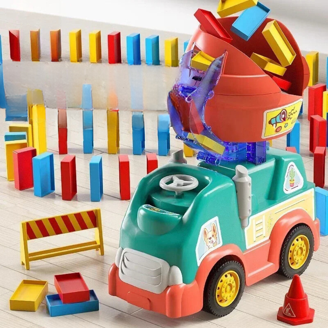 Camion en action déposant des dominos colorés
