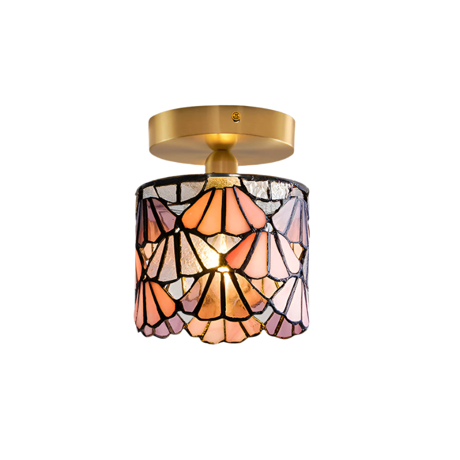 Lampe Tiffany avec mosaïque bleue et rose vue de côté