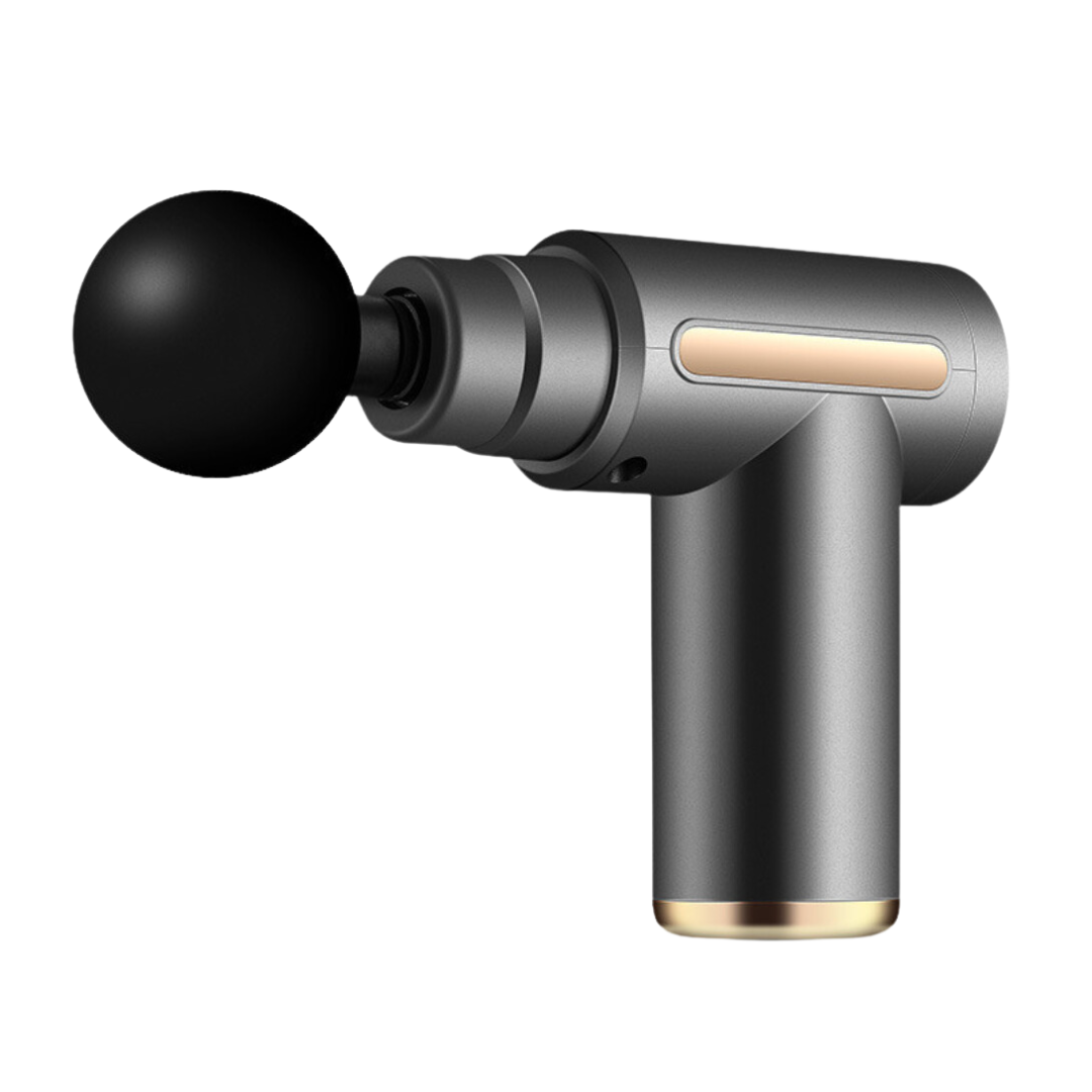 Pistolet de massage avec ses quatre accessoires alignés