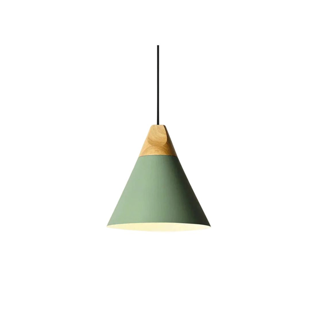 Lampe suspendue en bois et aluminium, vue de face