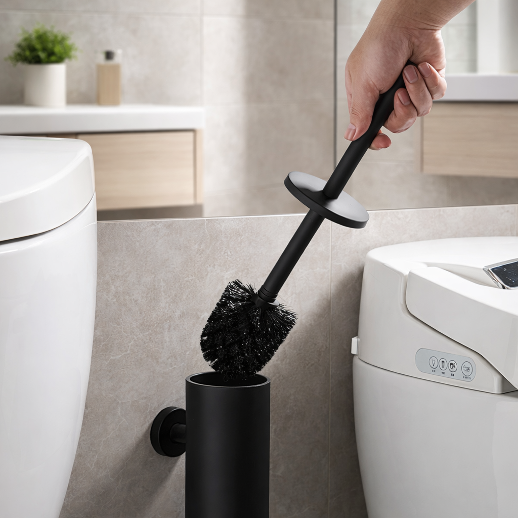 Brosse de toilette en acier inoxydable avec support mural noir