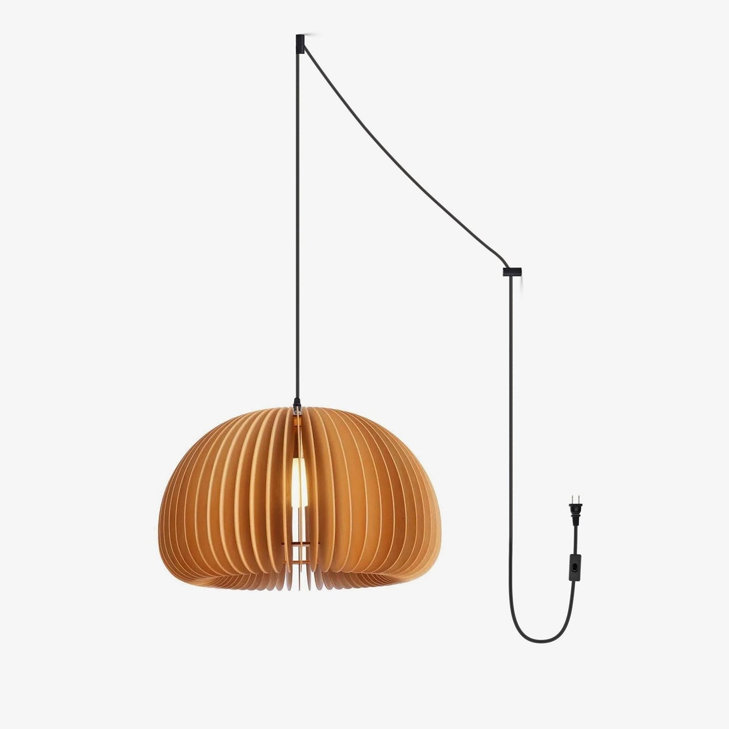 Lampe pendante en bois vue de côté, design citrouille