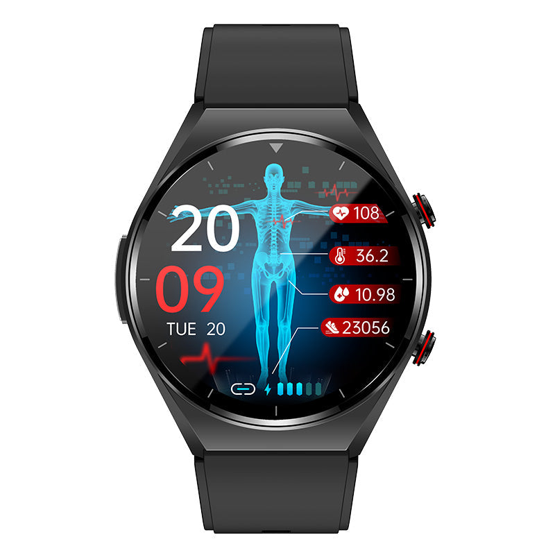 Montre connectée affichant les résultats de glycémie sur l'écran