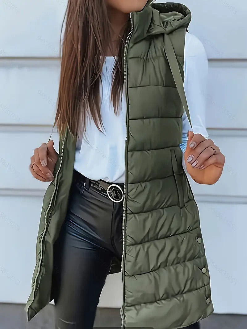 Gilet long matelassé avec capuche pour femme, coupe ample
