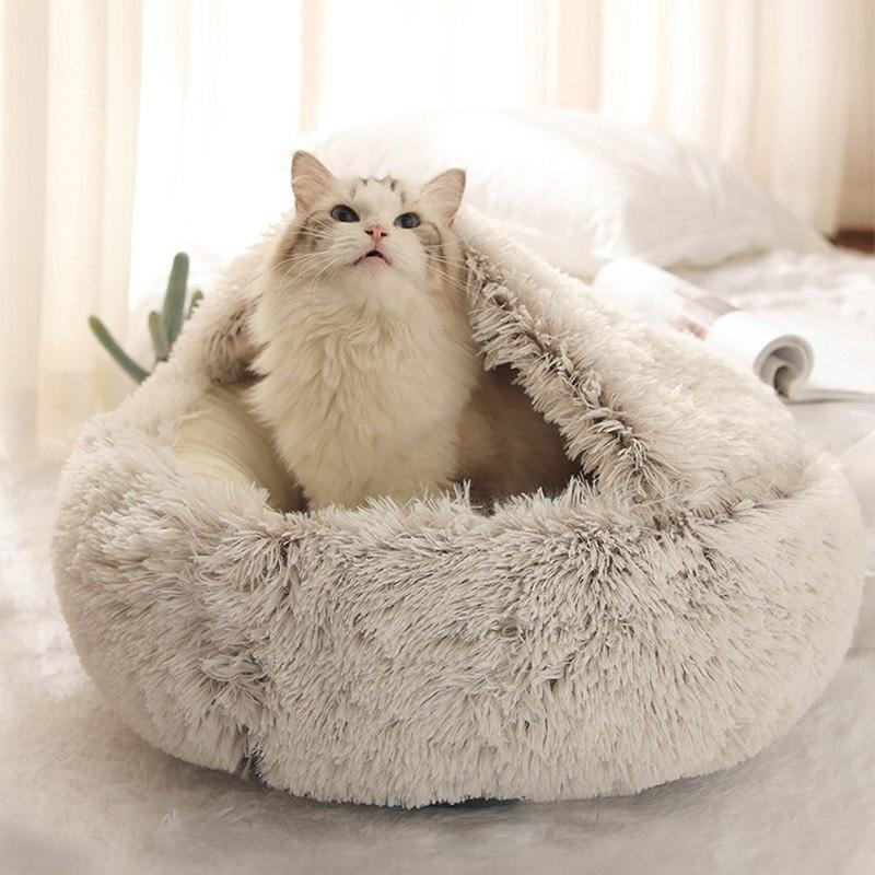 Lit en peluche beige pour animaux, intérieur moelleux