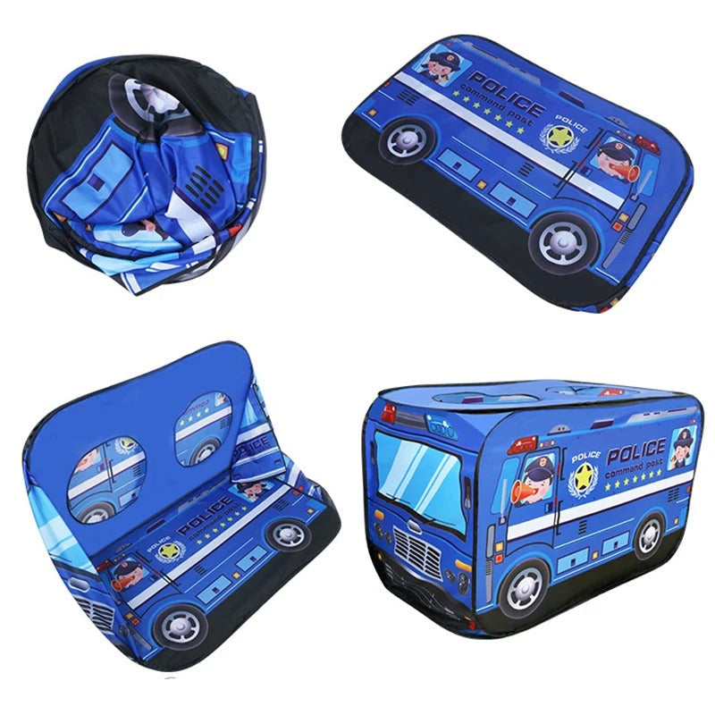 Tente de jeu pliable avec motifs de bus et camion de pompiers
