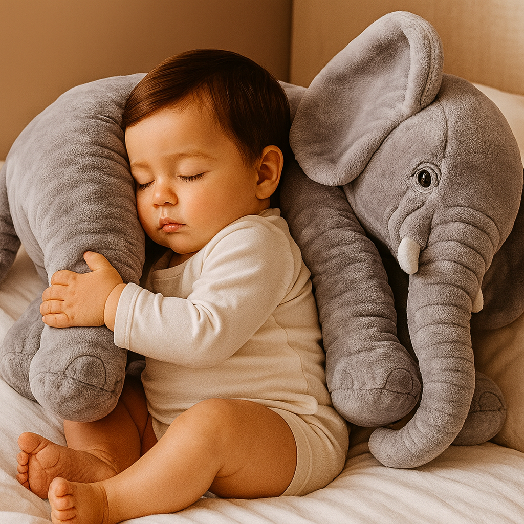 Vue latérale du coussin éléphant montrant sa taille et sa forme