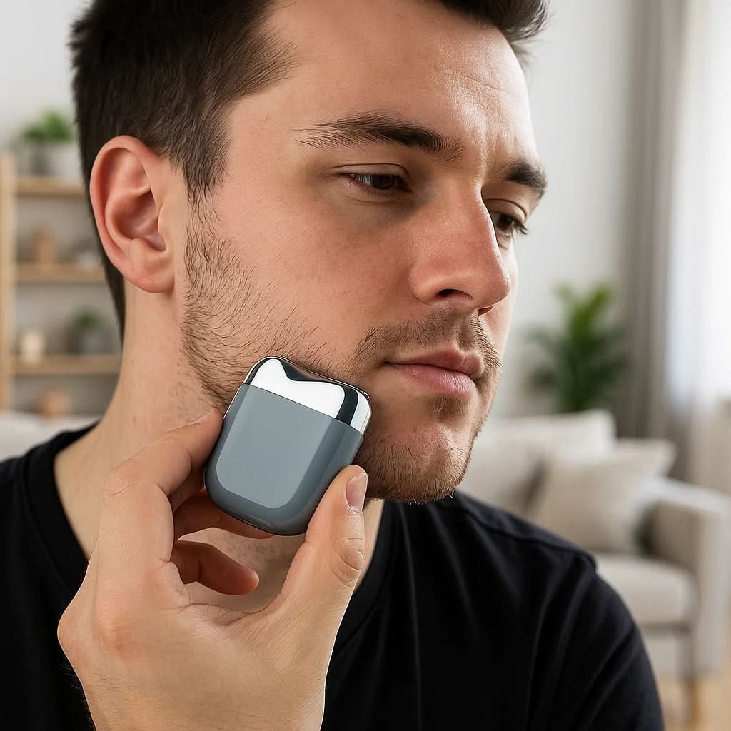 Rasoir électrique portable sur fond blanc, design compact