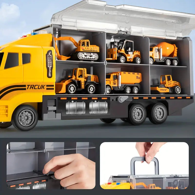 Camions et excavatrices miniatures sur fond blanc