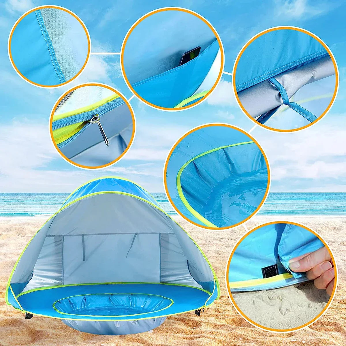 Tente de plage pop-up avec protection UV et bain intégré