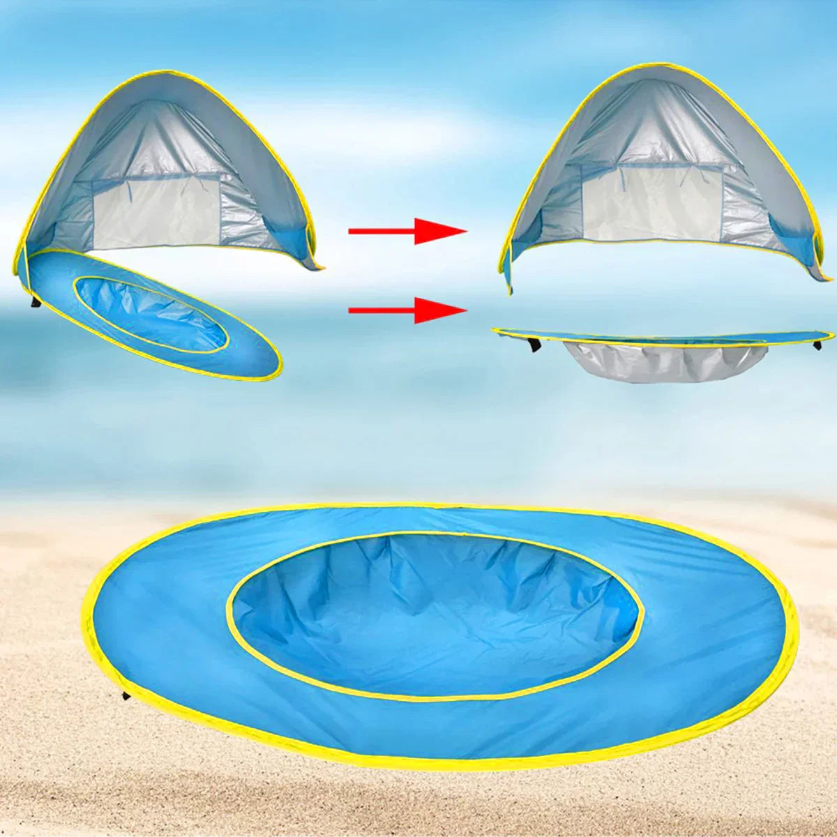 Vue latérale de la tente bébé avec espace ombragé et bain
