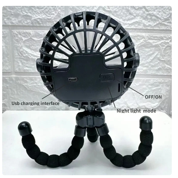 Ventilateur portable fixé sur une poussette, sans pales visibles