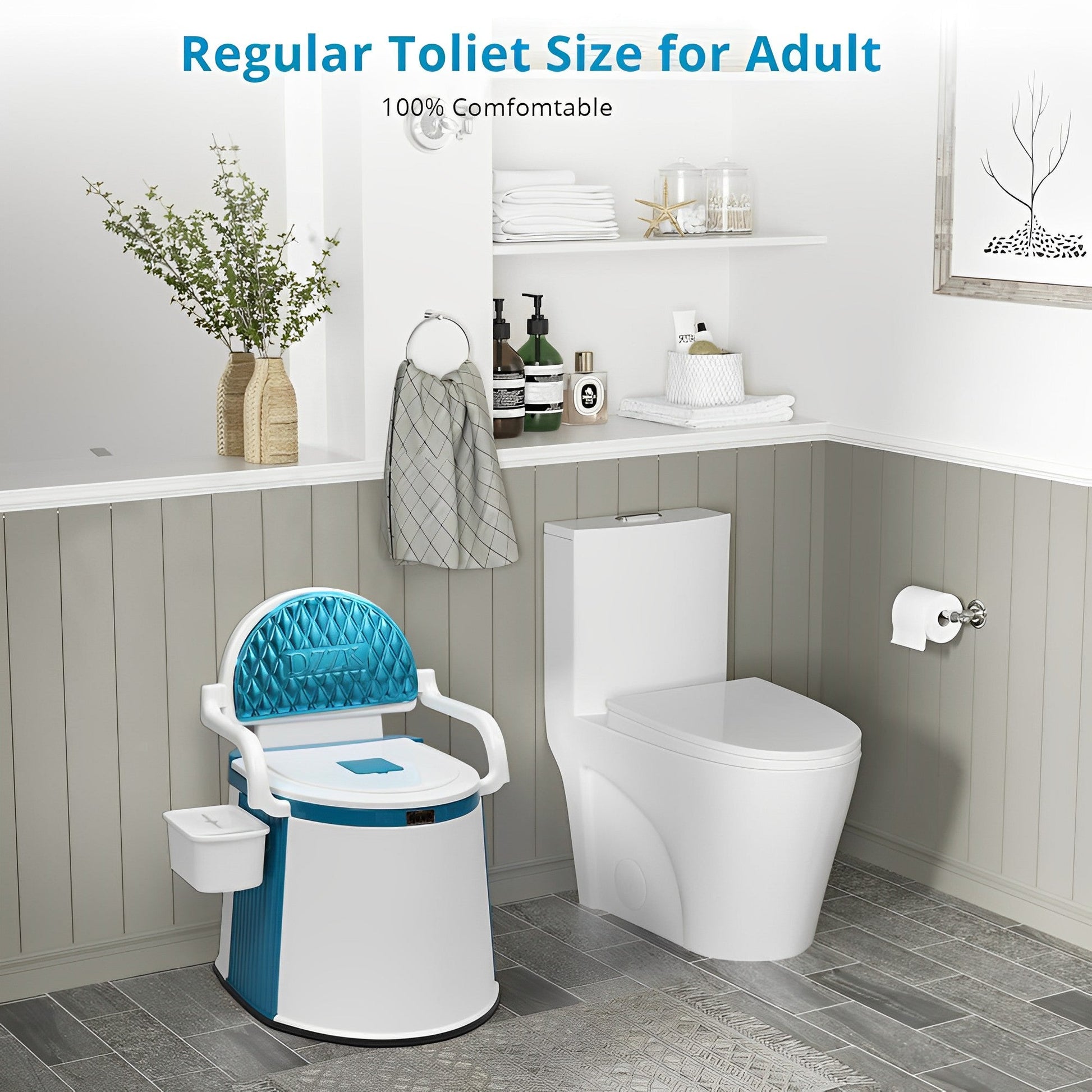 Vue latérale de la toilette portable montrant le couvercle étanche