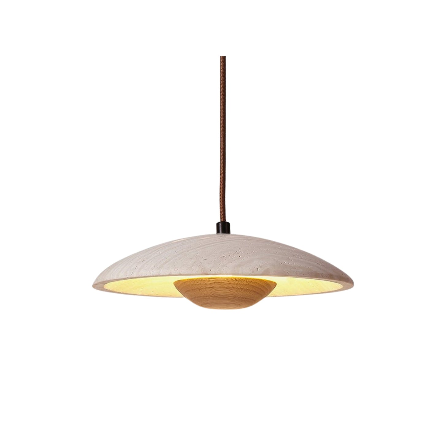 Lampe suspendue en bois et travertin vue de côté