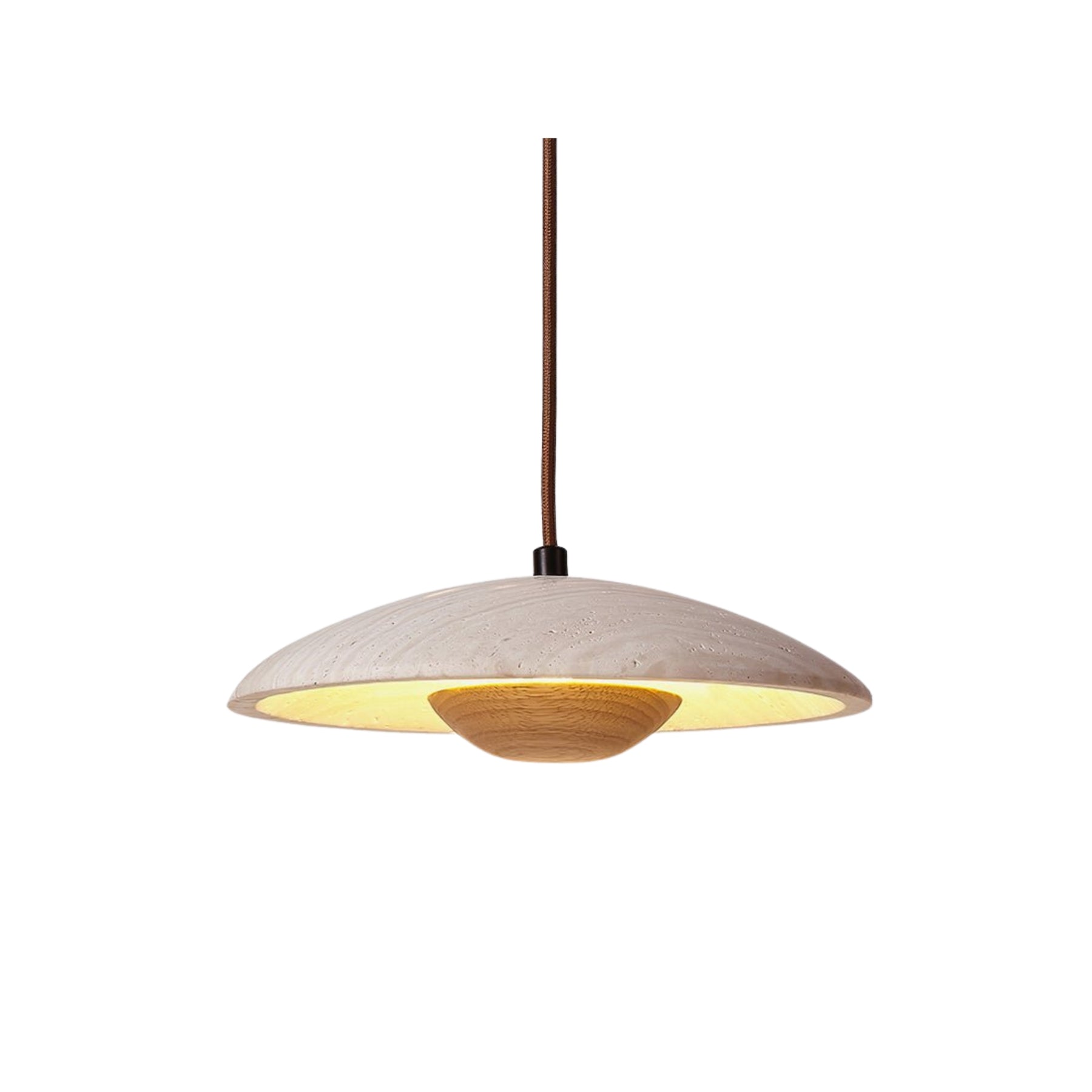 Lampe suspendue en bois et travertin vue de côté