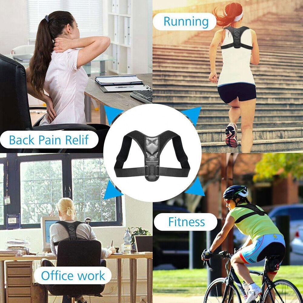 Correcteur de posture porté par une personne, soutien dorsal visible