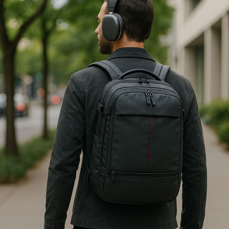 Homme utilisant une pompe à air portable en extérieur