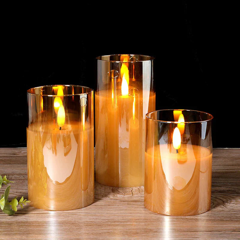 Bougies LED disposées sur une table basse moderne