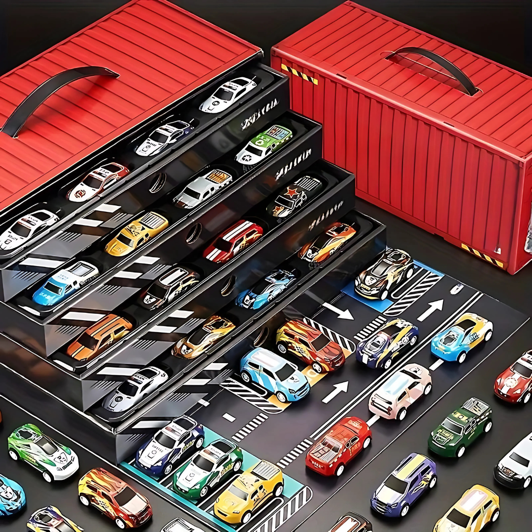 Vue d'ensemble du kit de garage pour enfants avec accessoires