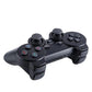 Console rétro noire avec deux manettes sans fil sur fond blanc