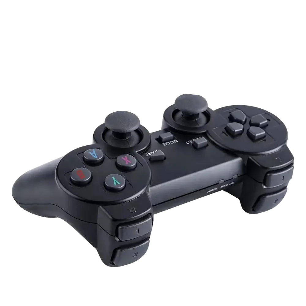 Console rétro noire avec deux manettes sans fil sur fond blanc