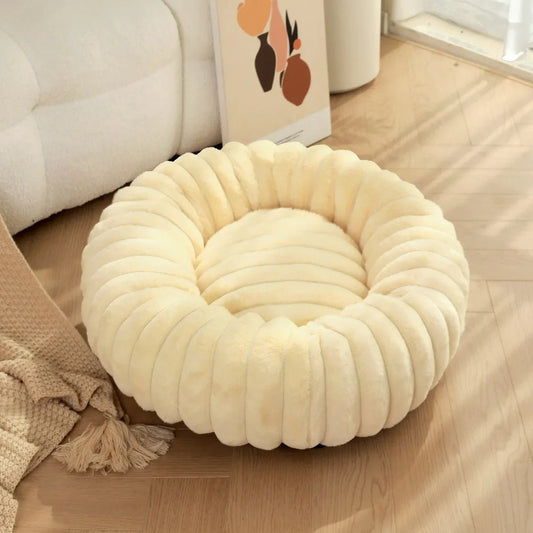 Chien de petite taille dans un lit rond, couleur neutre