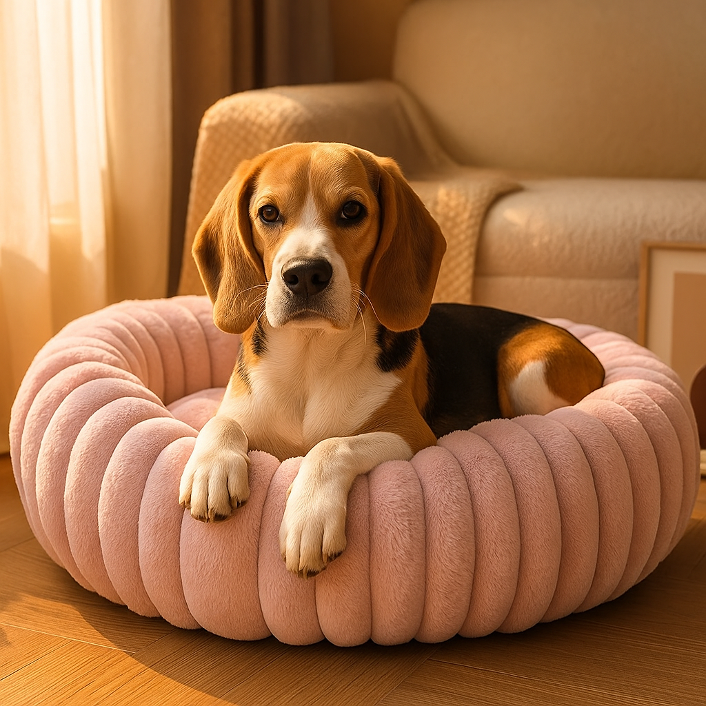 Gros plan sur le tissu en peluche du lit pour chien