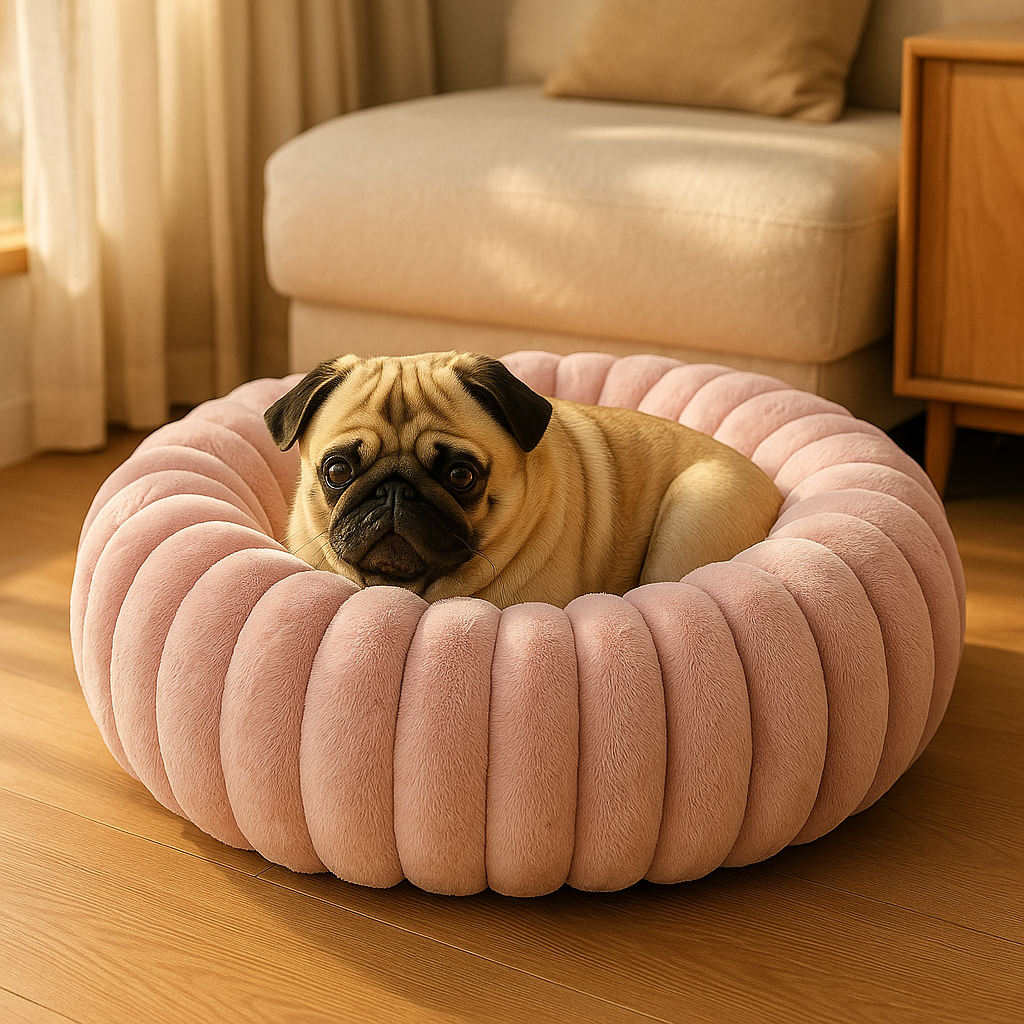 Vue latérale du lit rond pour chien, montrant sa hauteur