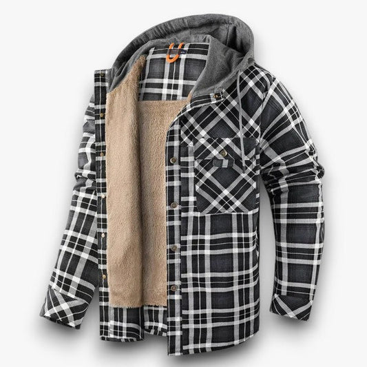 Gilet chemise à carreaux café, vue complète sur cintre