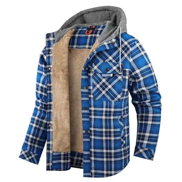 Gilet à carreaux marron, manches retroussées, vue latérale