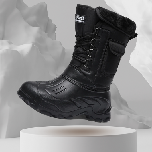 Bottes en action dans la neige, test de résistance thermique