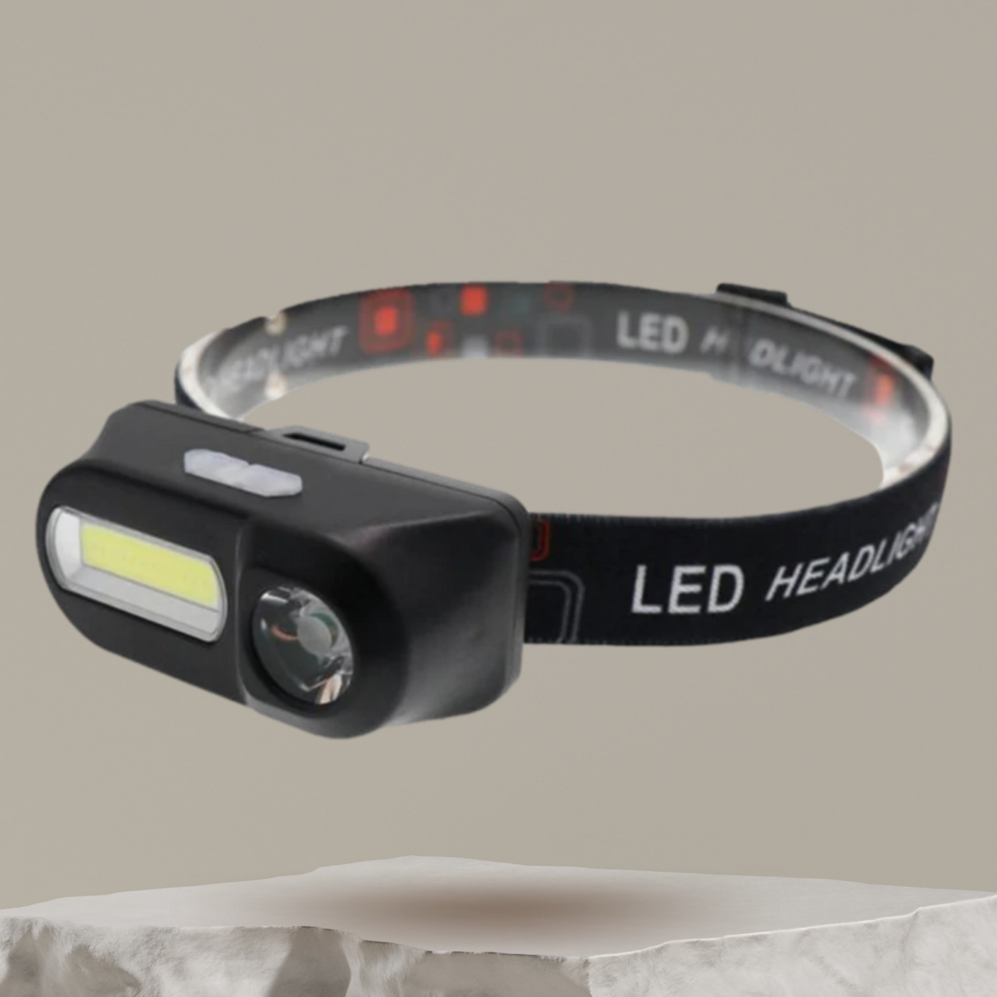Lampe frontale sur fond blanc, vue de face
