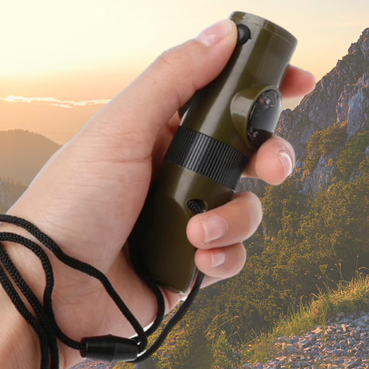 Accessoires du sifflet : loupe et thermomètre visibles