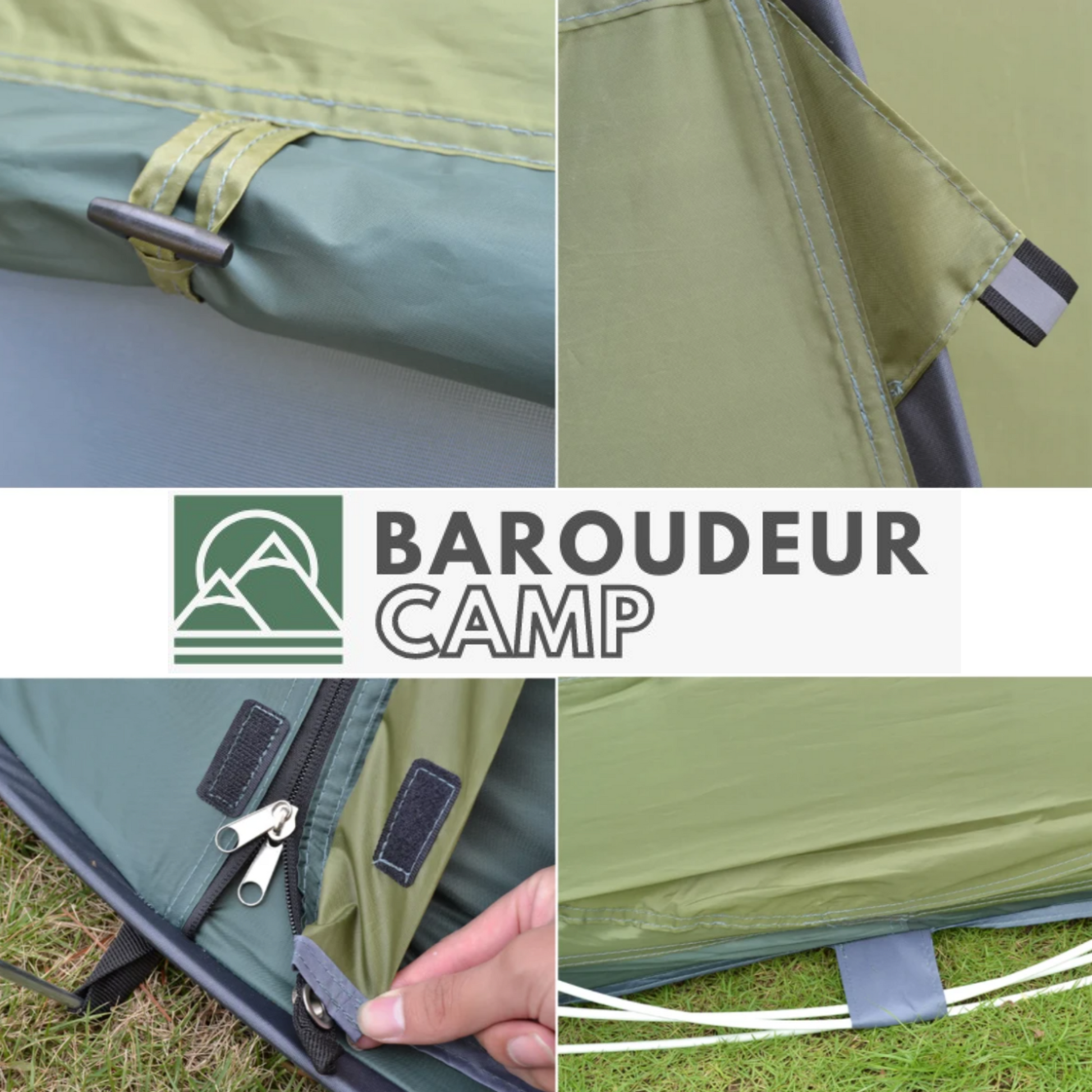 Tente avec ouverture zippée et moustiquaire visible