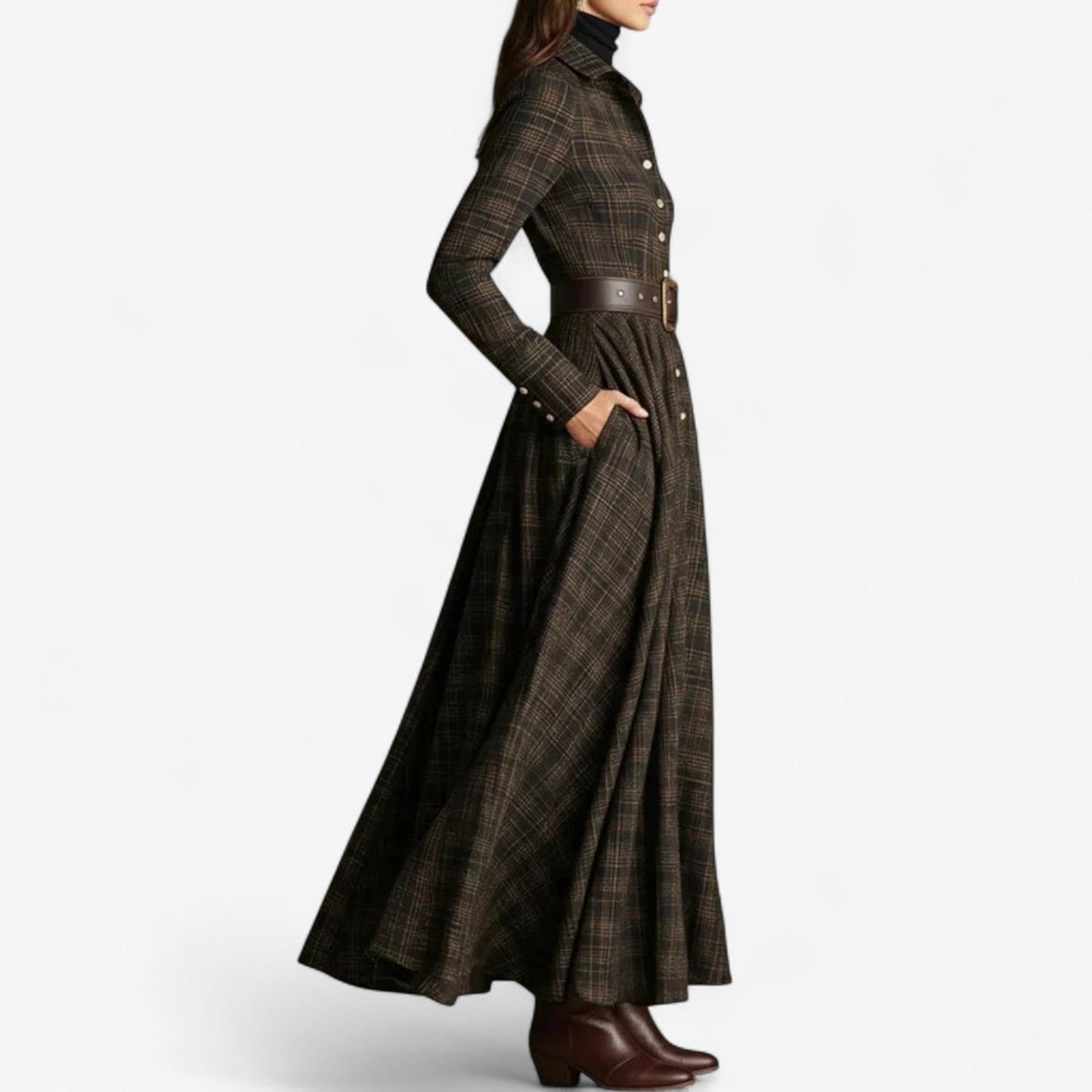 Robe maxi écossaise avec ceinture, manches longues