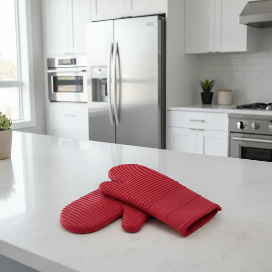 Gants résistants à la chaleur manipulant une casserole chaude