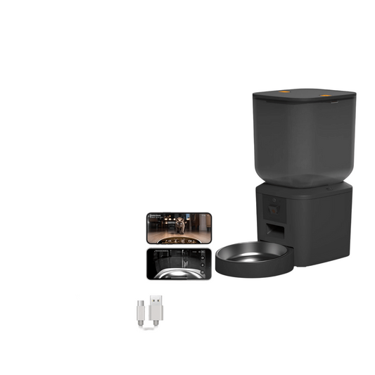 Distributeur noir avec écran et compartiment à nourriture
