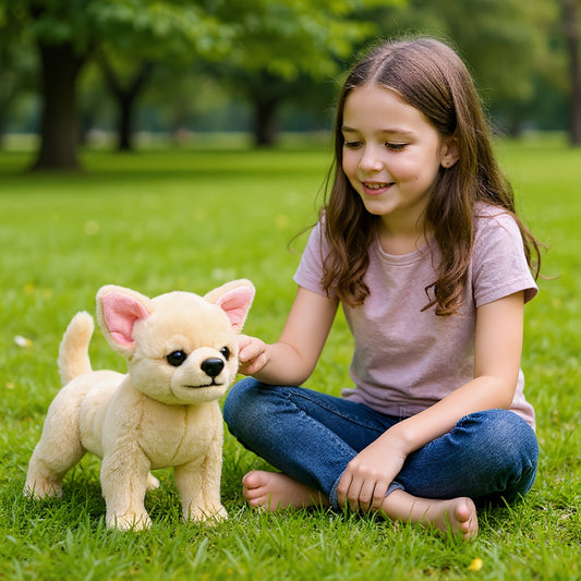Vue latérale du chiot en peluche debout