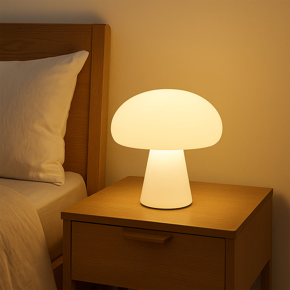 Lampe champignon moderne sur table en bois, lumière allumée