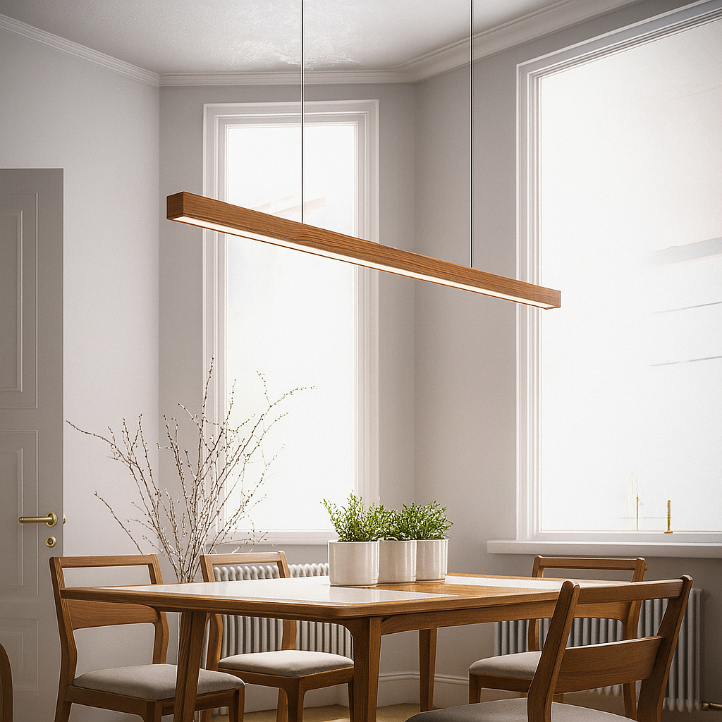 Lampe suspendue en bois naturel au-dessus d'un îlot de cuisine