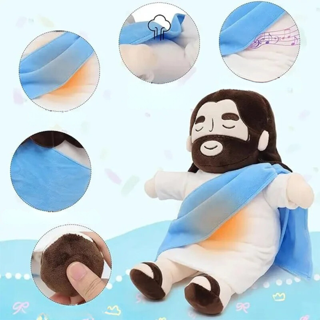 Vue de côté de la peluche Jésus Enfant souriante